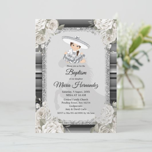 ガールシルバーホワイトメキシカンバプテスマ招待状 招待状 (スタンド正面)