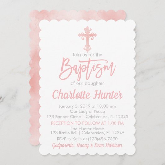 ガールシンプルエレガンスピンクバプテスマ招待状 招待状 (正面/裏面)