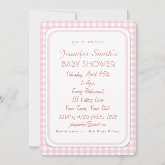 ガールシンプルピンクチェックベビーシャワー招待状 招待状 (正面)