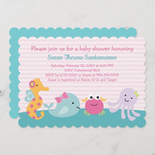 ガールシーアニマル海ライフベビーシャワー招待状 招待状 (正面/裏面)