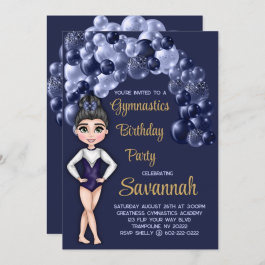 ガールジムティックス誕生日パーティー深いブルーバルーン 招待状 (正面/裏面)