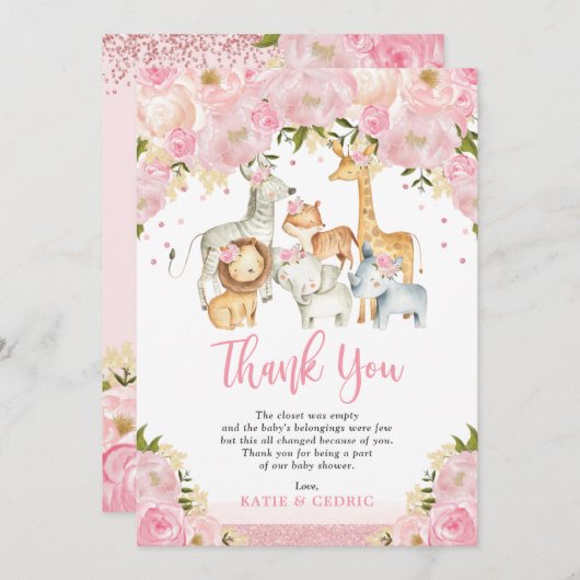 ガールジャングルサファリアニマルズバラ金ゴールドフローラベビー サンキューカード (正面/裏面)