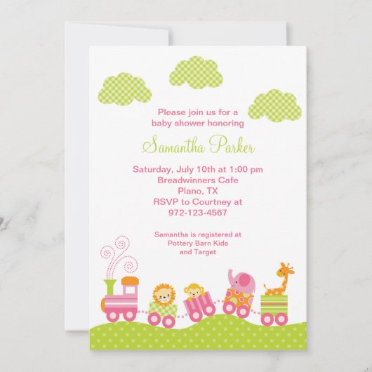 ガールジャングルサファリトレインベビーシャワー招待状 招待状 (正面)