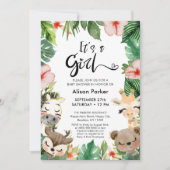 ガールジャングルサファリトロピカルグリーンリーベビーシャワー 招待状 (正面)