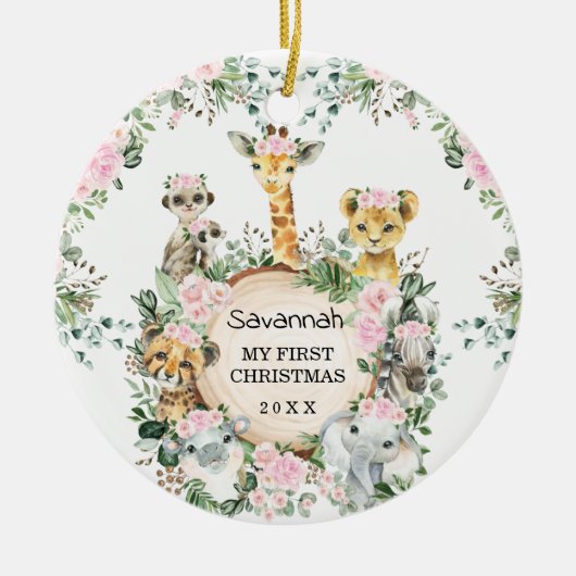 ガールジャングルサファリワイルドアニマルズベビー1stクリスマス セラミックオーナメント (正面)