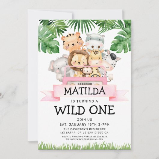 ガールジャングルサファリワイルドワン誕生日招待状 招待状 (正面)