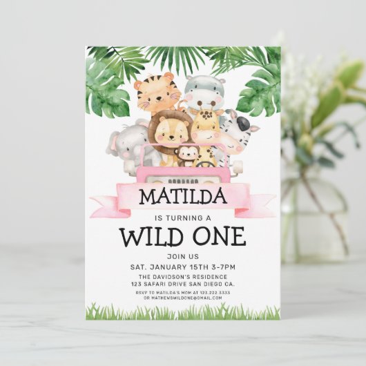 ガールジャングルサファリワイルドワン誕生日招待状 招待状 (スタンド正面)