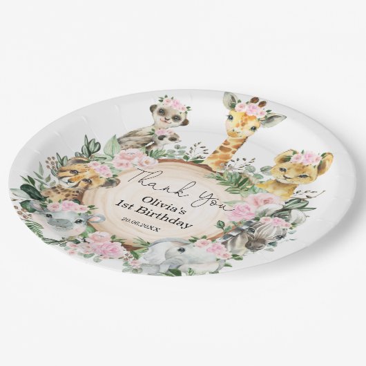 ガールジャングルサファリ野生動物誕生日優勝 ペーパープレート (アングル)