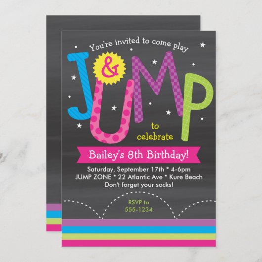 ガールジャンプ誕生日パーティシャルボードピンクパープル 招待状 (正面/裏面)