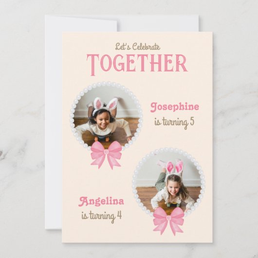 ガールジョイント誕生日かわいいピンクボウパールフォト 招待状 (正面)