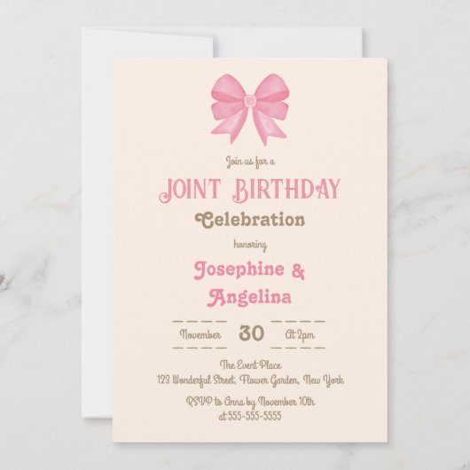 ガールジョイント誕生日かわいいピンクボウパールフォト 招待状 (裏面)