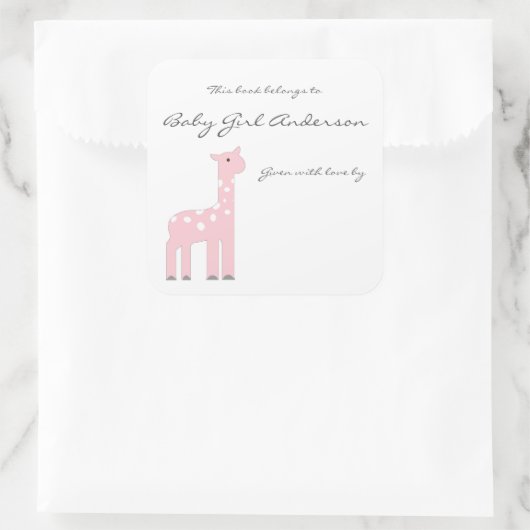 ガールジラフェベビーシャワー蔵書票 スクエアシール (バッグ)