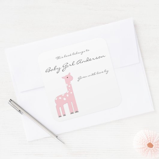 ガールジラフェベビーシャワー蔵書票 スクエアシール (封筒)