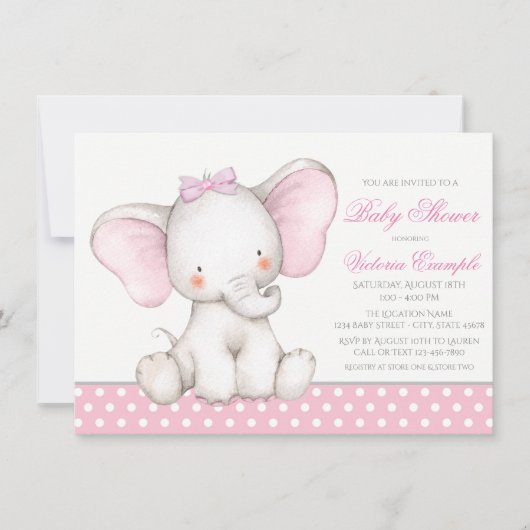 ガールスウィートエレファントベビーシャワー招待状 招待状 (正面)