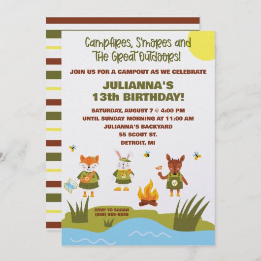 ガールスカウトキャンプ，アウトドアをテーマにした誕生日 招待状 (正面/裏面)