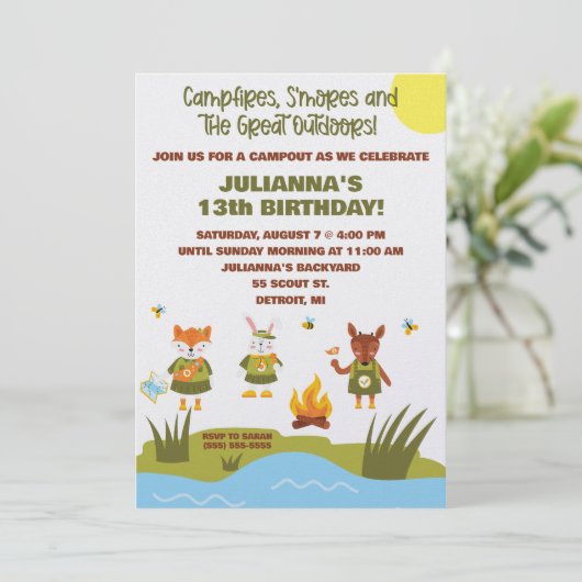 ガールスカウトキャンプ，アウトドアをテーマにした誕生日 招待状 (スタンド正面)