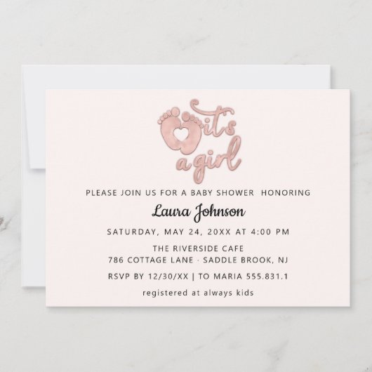 ガールスクリプト新生児バラ足ハート赤面 招待状 (正面)