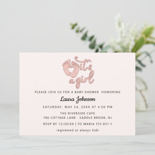 ガールスクリプト新生児バラ足ハート赤面 招待状 (スタンド正面)