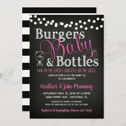 ガールストライプシャルボードBBQベビーシャワー 招待状 (正面/裏面)