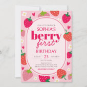 ガールストロベリーベリーファースト誕生日パーティー 招待状 (正面)