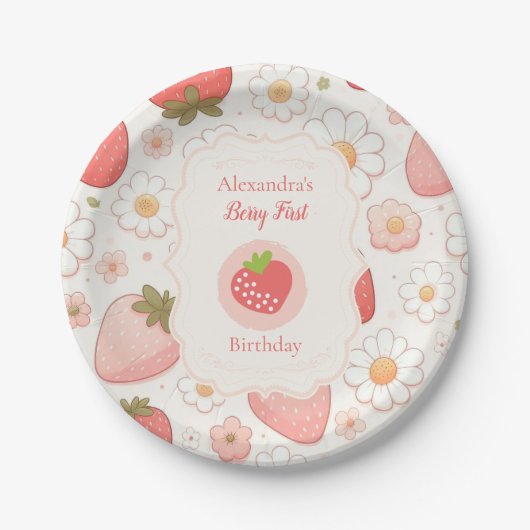 ガールストロベリーベリー最初の誕生日パーティー ペーパープレート (正面)