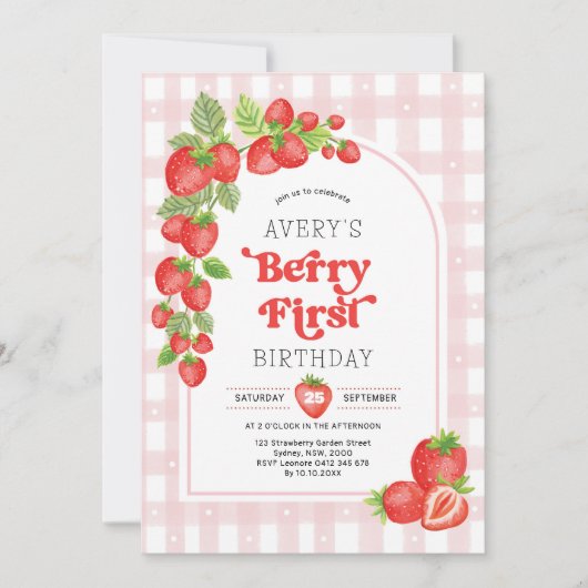 ガールストロベリーベリー最初の誕生日パーティー 招待状 (正面)