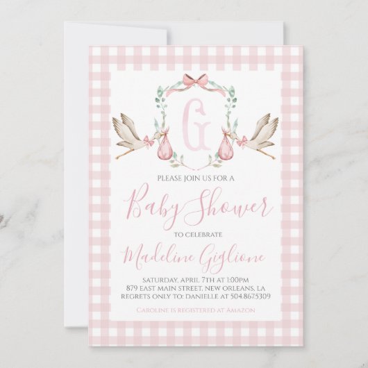 ガールストーク赤ちゃんシャワージンガ名門私立校風のムピンク 招待状 (正面)