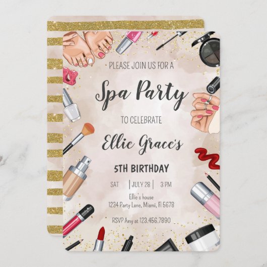 ガールスパメイクアップバースデーパーティー 招待状 (正面/裏面)