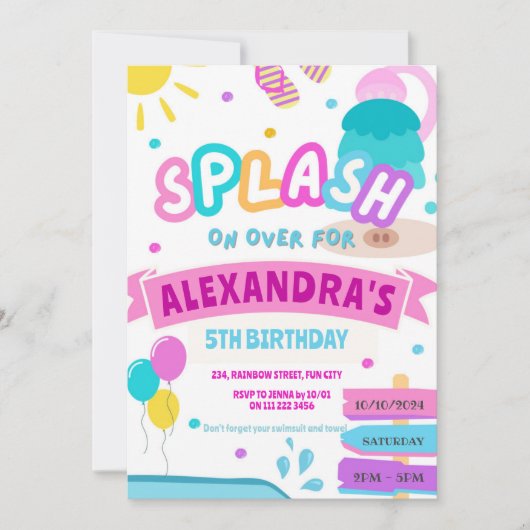 ガールスプラッシュパッドパーティーウォーターパークピンク誕生日 招待状 (正面)
