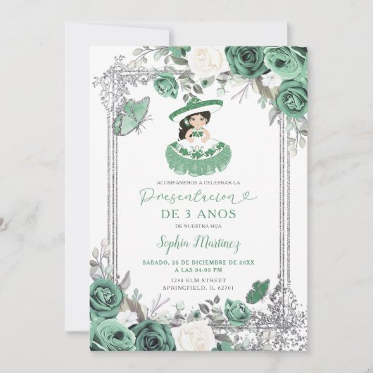 ガールスペインのセージグリーンシルバープレゼンティション3アノス 招待状 (正面)