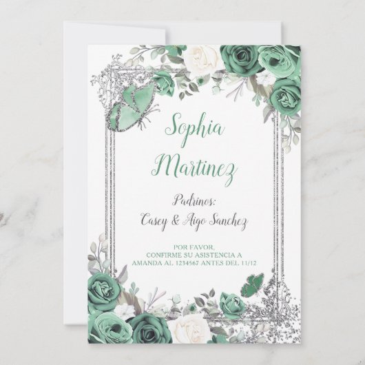 ガールスペインのセージグリーンシルバープレゼンティション3アノス 招待状 (裏面)