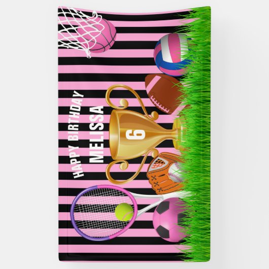 ガールスポーツピンクテーマ誕生日バナー 横断幕 (縦)