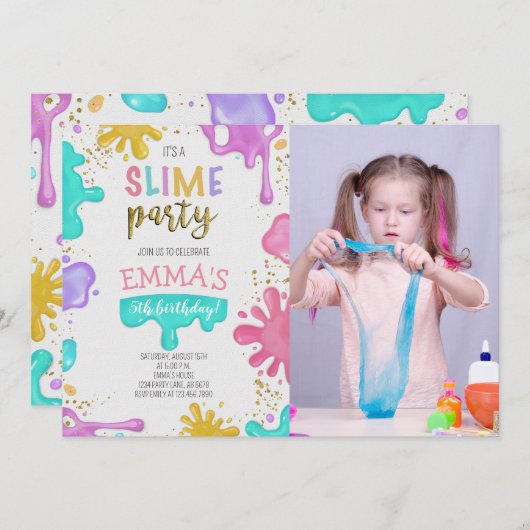 ガールスライムバースデーパーティーの写真 招待状 (正面/裏面)