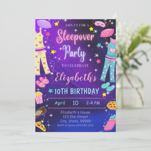 ガールスリーポバーパジャマ誕生日パーティーの招待状 招待状 (スタンド正面)