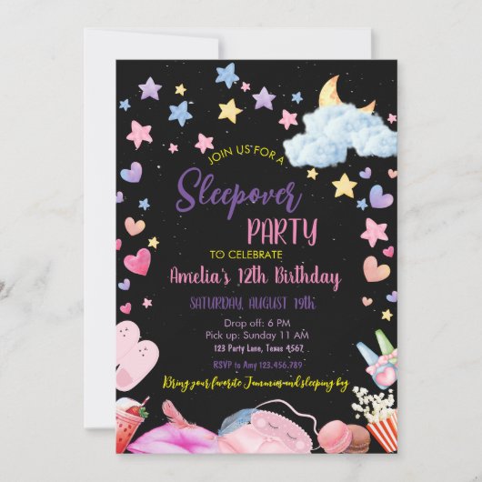 ガールスリーポバーパーティー10代のキッズスランバー誕生日イン 招待状 (正面)