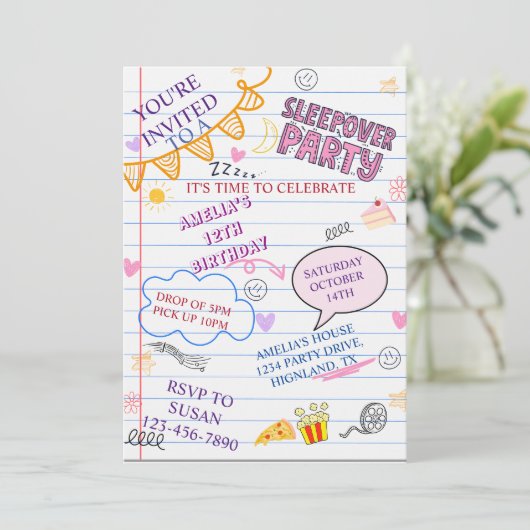 ガールスリーポバーパーティー10代のキッズスランバー誕生日イン 招待状 (スタンド正面)
