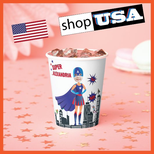 ガールスーパーヒーロー💥カラフル誕生日写真 紙コップ