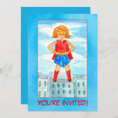 ガールスーパーヒーローバースデーパーティーの招待 招待状 (正面/裏面)