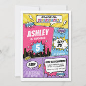 ガールスーパーヒーロー漫画誕生日招待状 招待状 (正面)