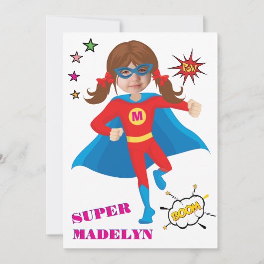 ガールスーパーヒーロー飛んでいる💥誕生日写真 招待状 (正面)