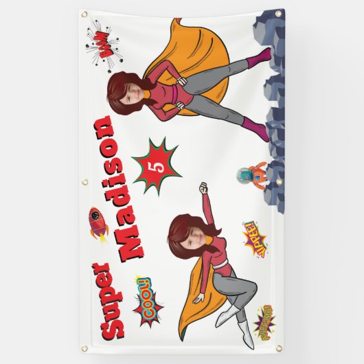 ガールスーパーヒーロー飛んでいる💥誕生日写真 横断幕 (縦)