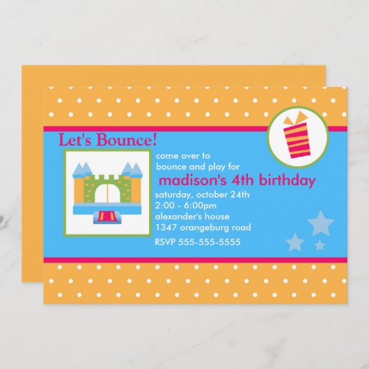 ガールズおもしろいバウンスハウス誕生パーティー 招待状 (正面/裏面)