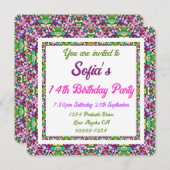 ガールズはっきりした秋グリーン秋ピンク誕生日 招待状 (正面/裏面)