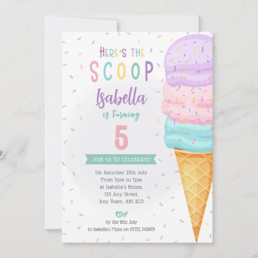 ガールズアイスクリームコーン招待状 – ピンクパープルスクープ 招待状 (正面)