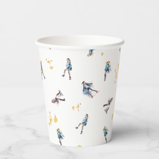 ガールズアイススケートで滑るホッケーブルー金ゴールド誕生日パーティー 紙コップ (裏面)