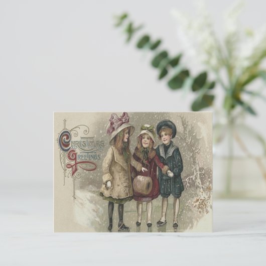 ガールズアイススケートで滑る雪凍ってい池 ポストカード (スタンド正面)