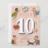 ガールズアクショモダンンスーパーヒーロー子供の誕生日 招待状 (正面)