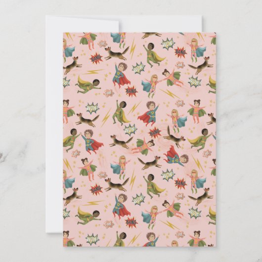 ガールズアクショモダンンスーパーヒーロー子供の誕生日 招待状 (裏面)