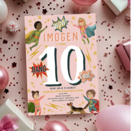 ガールズアクショモダンンスーパーヒーロー子供の誕生日 招待状