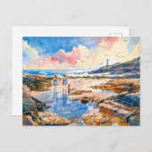 ガールズアンドドッグバイライトハウスショアの水色絵を描 シーズンポストカード (正面/裏面)